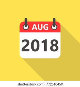 August 2018 calendar flat style icon with long shadow.