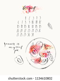 August 2018 calendar with ink calligraphy elements and rape apricots on a plate top view. Summer ink and watercolor stain illustration. Week starts Monday.