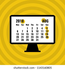 august 2018 calendar on computer monitor, flat style vector illustration