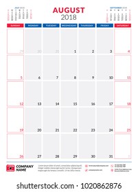 August 2018. Calendar planner design template. Portrait orientation. Week starts on Sunday. Stationery design