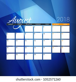 August 2018. Calendar planner design template with abstract background. Week starts on Monday