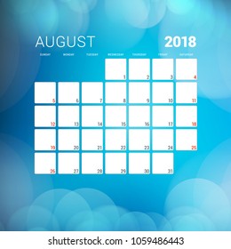 August 2018. Calendar planner design template with abstract background. Week starts on Sunday