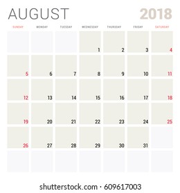 August 2018. Calendar planner design template. Week starts on Sunday. Stationery design