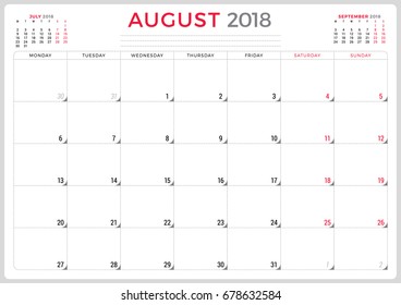 August 2018. Calendar planner design template. Week starts on Monday. Stationery design