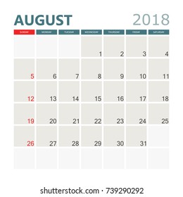 August 2018 calendar. Calendar planner design template. Week starts on Sunday. Business vector illustration.