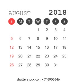 August 2018 calendar. Calendar planner design template. Week starts on Sunday. Business vector illustration.