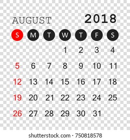 August 2018 calendar. Calendar planner design template. Week starts on Sunday. Business vector illustration.