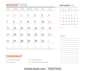 August 2018. Calendar planner design template. Week starts on Sunday. Stationery design