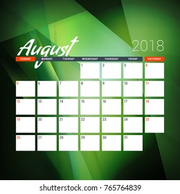 August 2018. Calendar planner design template with abstract green background. Week starts on Sunday
