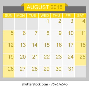 August 2018. Calendar planner design template. Week starts on Sunday.