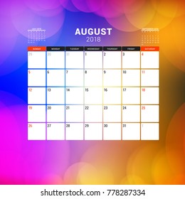 August 2018. Calendar planner design template with abstract background. Week starts on Sunday