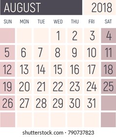 August 2018 Calendar planner design template. Lokanichny style. Vector