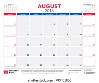 August 2018. Calendar planner design template. Week starts on Sunday. Stationery design