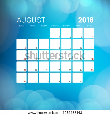 August 2018. Calendar planner design template with abstract background. Week starts on Sunday