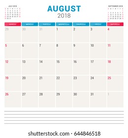 August 2018. Calendar planner vector design template. Week starts on Sunday. Stationery design