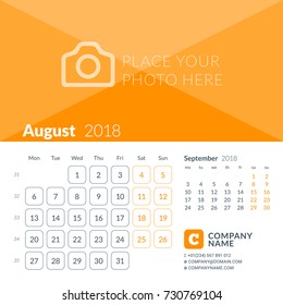 August 2018. Calendar print template for 2018 year. Week starts on Monday. Vector design template with place for photo