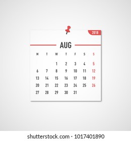 August 2018 calendar. Calendar sticker design template. Week starts on Monday. Business vector illustration.