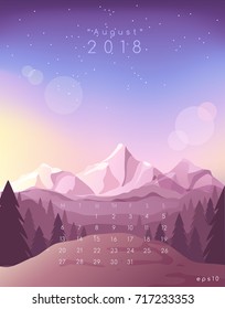 August : 2018 Calendar Template with beautiful landscape background : Vector Illustration