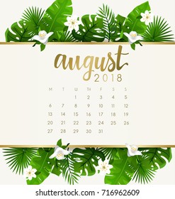 August : 2018 Calendar Template with Exotic Tropical Leaves : Vector Illustration