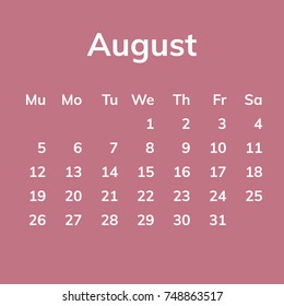 August 2018 calendar, week starts on Sunday. Flat vector illustration