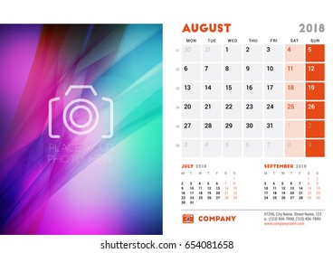 August 2018. Desk Calendar Design Template with Colorful Abstract Background. Place for Photo. Week starts on Monday. Vector Illustration