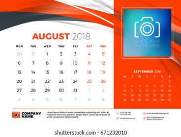 August 2018. Desk calendar design template with abstract background. Place for photo. Red and black colors. Two months on the page. Week starts on Monday. Vector Illustration