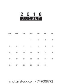 August 2018 desk calendar vector illustration, simple and clean design.