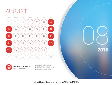 August 2018. Desk Calendar for 2018 Year. Vector Design Print Template with Place for Photo. Week Starts on Sunday