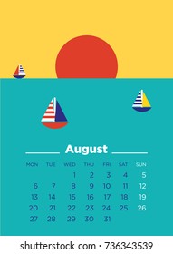 August 2018 Illustrated Calendar. Vector illustration.
