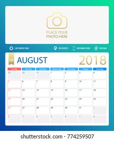 AUGUST 2018, illustration vector calendar or desk planner, weeks start on Sunday, size of paper for printing A4. Blue is a green color.