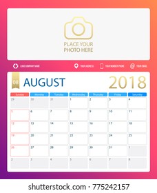 AUGUST 2018, illustration vector calendar or desk planner, weeks start on Sunday, size of paper for printing A4. Purple pink color.