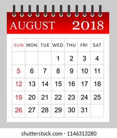 August 2018 - Monthly Calendar- illustration - Vector