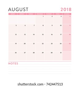 August 2018 Monthly Calendar with Notes Vector Illustration
