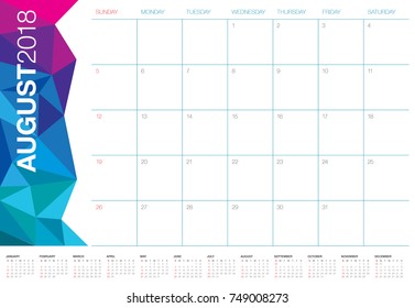 August 2018 planner calendar vector illustration, simple and clean design.