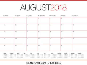 August 2018 planner calendar vector illustration, simple and clean design.