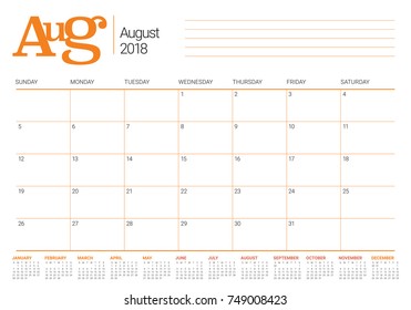 August 2018 planner calendar vector illustration, simple and clean design.