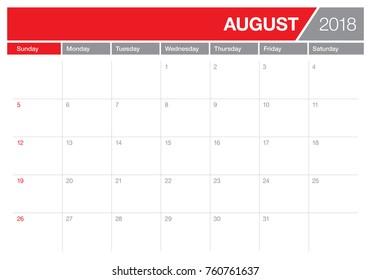 August 2018 planner calendar vector illustration, simple and clean design.