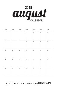 August 2018 planner calendar vector illustration, simple and clean design.