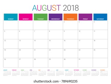 August 2018 planner calendar vector illustration, simple and clean design.