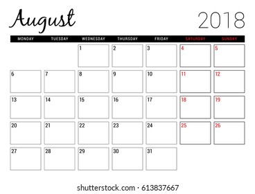 August 2018. Printable calendar planner design template. Week starts on Monday. Stationery design