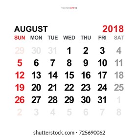 August 2018. Vector monthly calendar template 2018 year in simple style for template design. Week starts from Sunday.