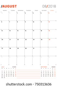 August 2018. Vector Print Template. Monthly Calendar Planner for 2018 Year. Week Starts Monday. 3 Months on the Page. Stationery Design