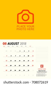 August 2018. Wall calendar planner template. Vector design print template with place for photo. Week starts on Sunday. 