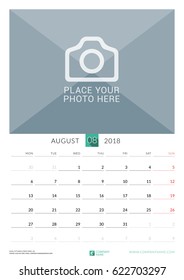 August 2018. Wall Monthly Calendar for 2018 Year. Vector Design Print Template with Place for Photo. Week Starts on Monday. Portrait Orientation