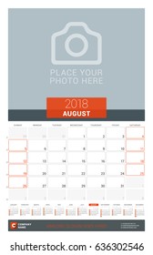 August 2018. Wall Monthly Calendar Planner for 2018 Year. Vector Design Print Template with Place for Photo and Year Calendar. Week Sarts on Sunday