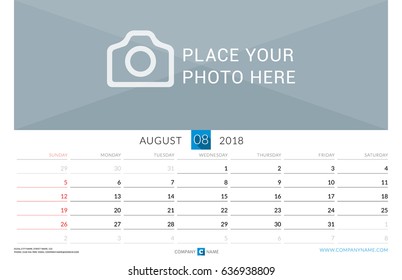 August 2018. Wall Monthly Calendar for 2018 Year. Vector Design Print Template with Place for Photo. Week Starts on Sunday. Landscape Orientation
