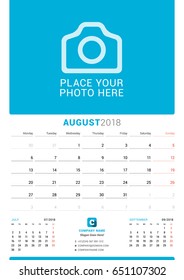 August 2018. Wall Monthly Calendar for 2018 Year. Vector Design Print Template with Place for Photo. Week Starts on Monday. 3 Months on Page