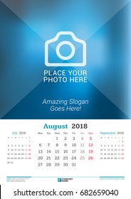 August 2018. Wall Monthly Calendar for 2018 Year. Vector Design Print Template with Place for Photo. Week Starts on Monday. 3 Months on Page