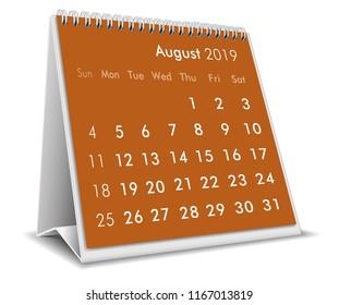 August 2019 3D desktop calendar in white background