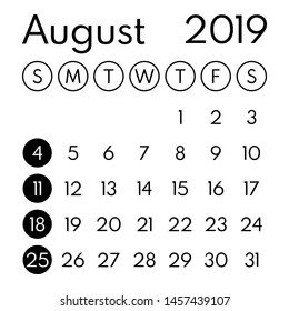 august 2019 black and white vector calendar, first sunday